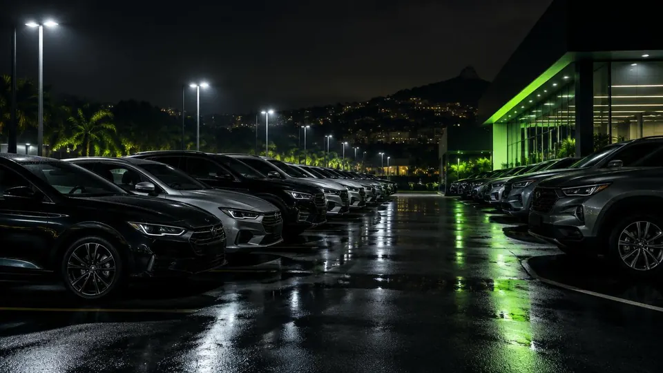 Imagem ilustrativa: pátio de carros seminovos à noite. Não é foto do estabelecimento.