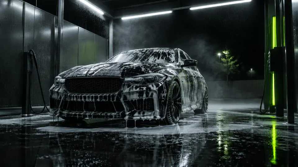 Imagem ilustrativa: carro coberto de espuma em um lava-jato. Não é foto do estabelecimento.