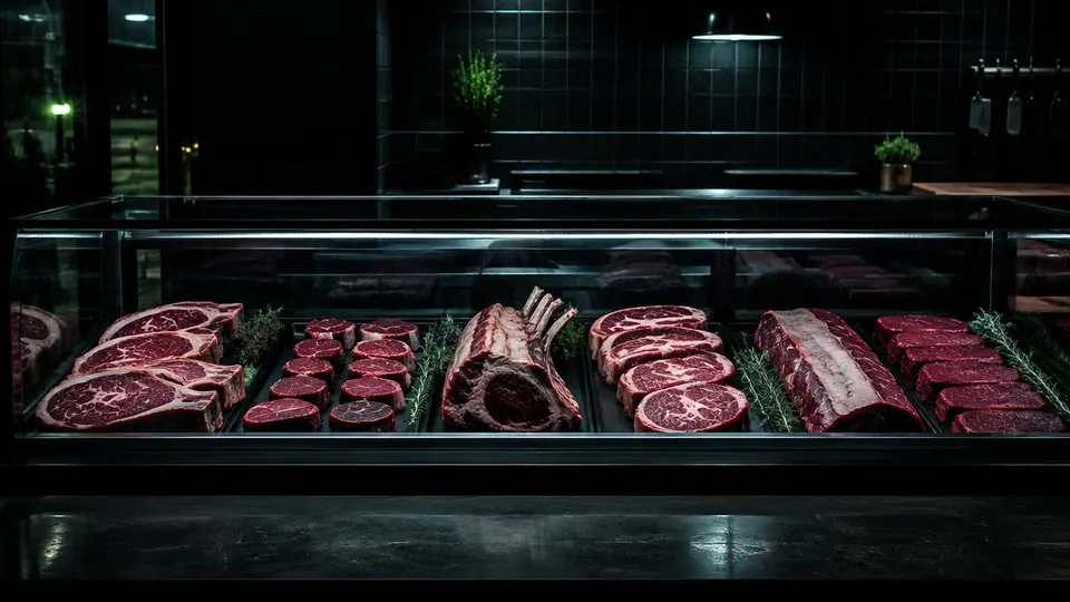 Imagem ilustrativa: balcão de açougue com cortes de carne. Não é foto do estabelecimento.
