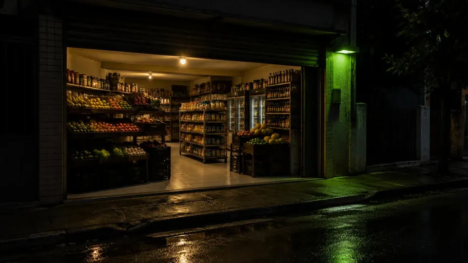 Imagem ilustrativa: fachada de mercadinho de bairro à noite. Não é foto do estabelecimento.