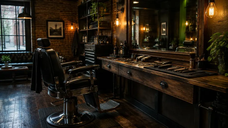 Imagem ilustrativa: interior de barbearia com cadeira clássica. Não é foto do estabelecimento.